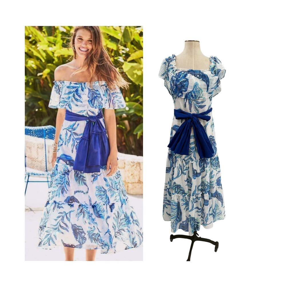 Lilly Pulitzer Sona Off The Shoulder Midi Dress Blue Tropical Eyelet Size Small